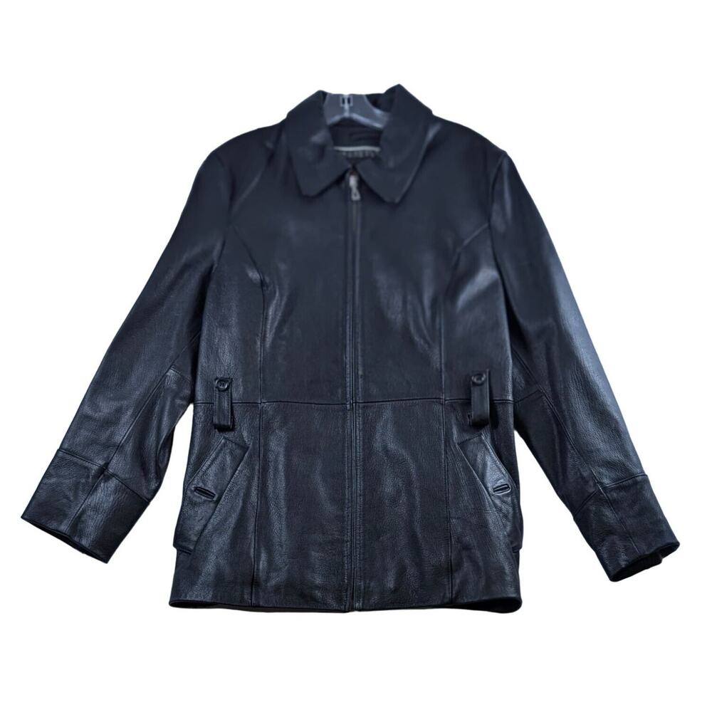 Wilsons Leather Genuine Leather Jacket Womens XL Black Full Zip Belt Loops Lined